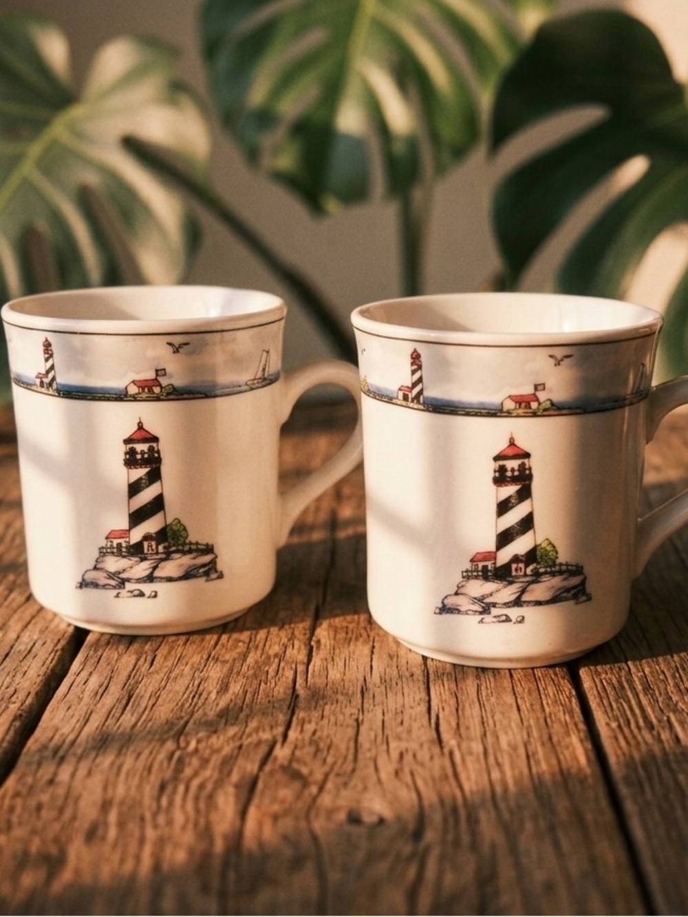 Coastal Lighthouse Set 2 Totally Today 3 1/2" Coffee Mugs White Blue Nautical